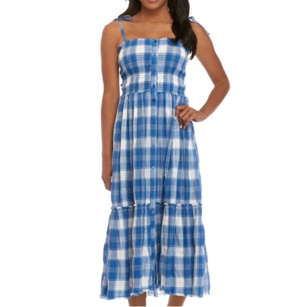 TRUE CRAFT Plaid Smocked Button Down Maxi Dress Size XL